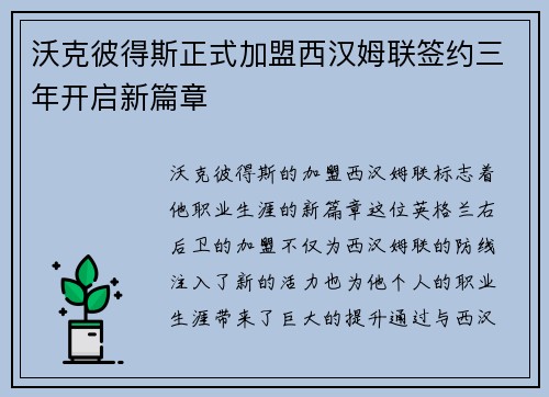 沃克彼得斯正式加盟西汉姆联签约三年开启新篇章