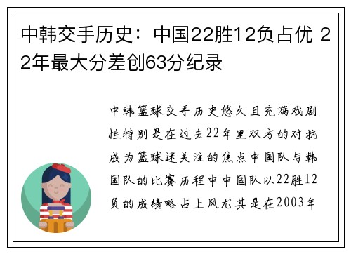 中韩交手历史：中国22胜12负占优 22年最大分差创63分纪录