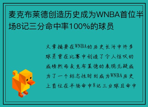 麦克布莱德创造历史成为WNBA首位半场8记三分命中率100%的球员