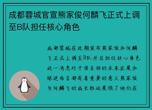 成都蓉城官宣熊家俊何麟飞正式上调至B队担任核心角色