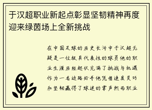 于汉超职业新起点彰显坚韧精神再度迎来绿茵场上全新挑战